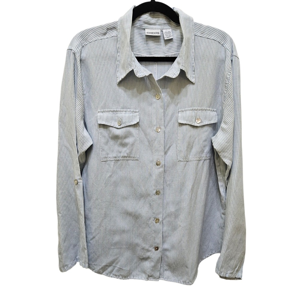 Chico's‎ Striped Linen Blend Button Down Shirt Long Sleeve Career Size 2 (Large)
